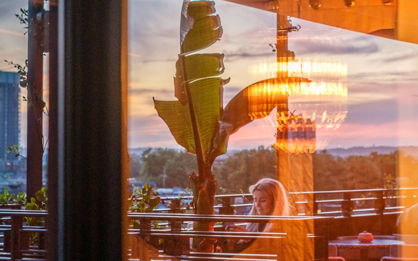 A woman sits on a London terrace at sunset, seen through a window, with a large plant and chandelier reflecting warm light.