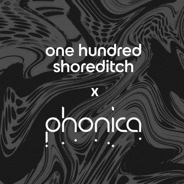One Hundred Shoreditch and Phonica collaboration poster with a black, textured abstract background.